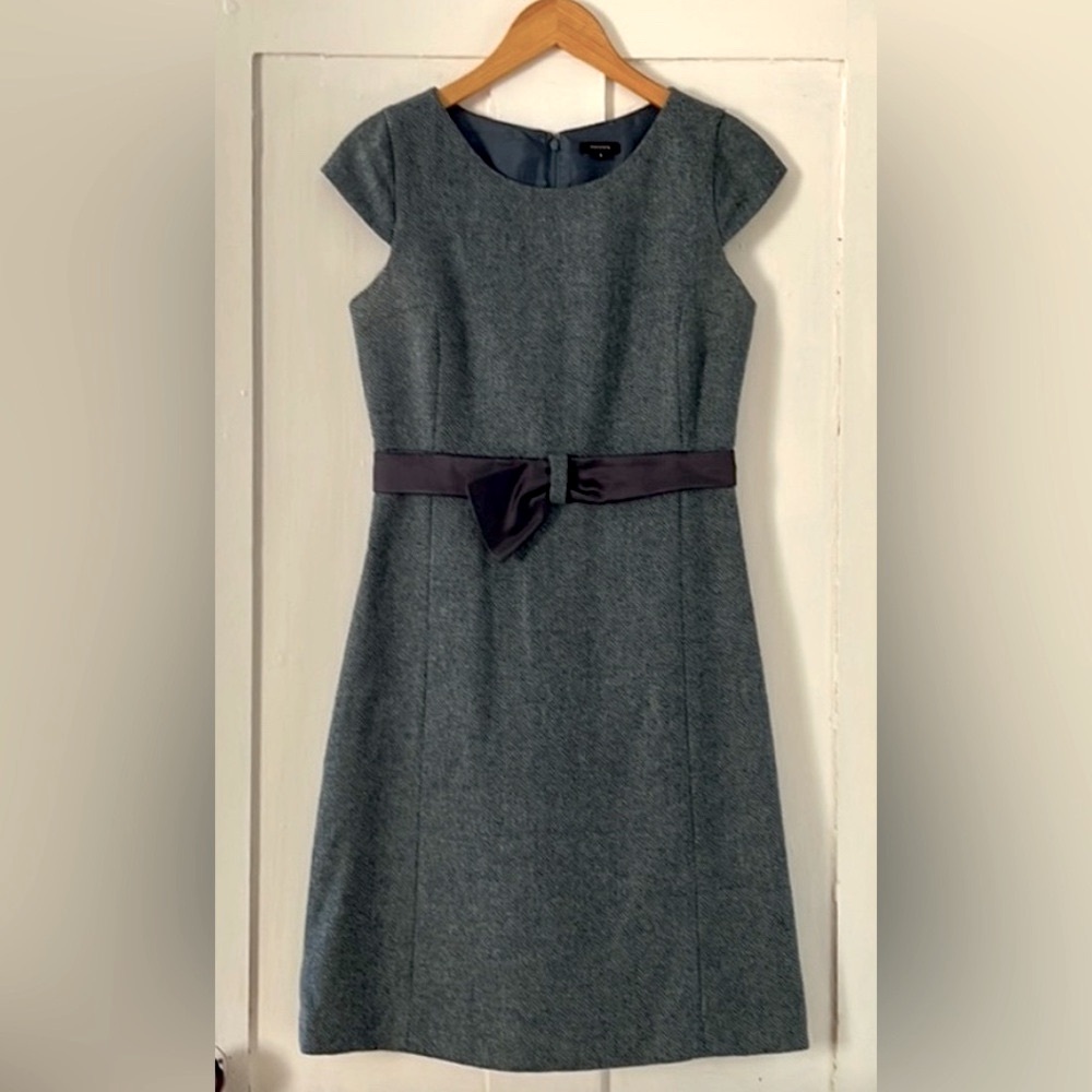 Tocca Women's Blue Gray 100% Wool Silk Belt Herringbone Print Retro Dress Size 4
